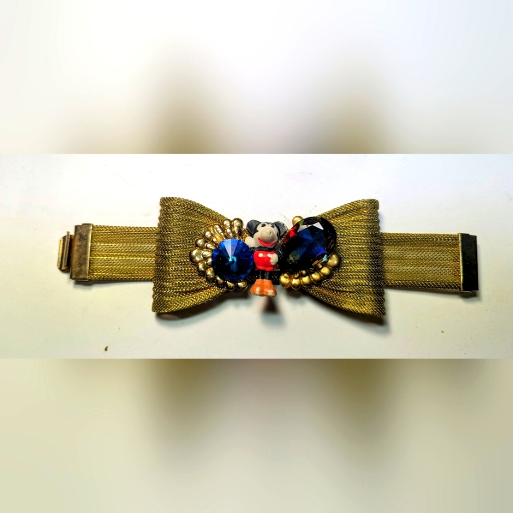 Wendy Gell Disney Gold Mesh Bracelet With Porcelain Mickey And Swarovski Jewels.